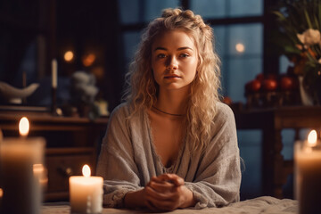 A portrait of a young woman dreaming and making wishes while looking at candles.