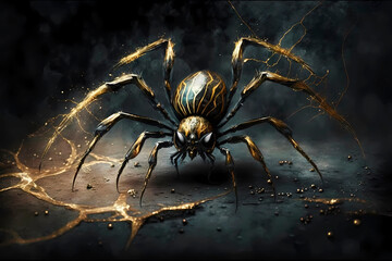 Black Widow. Black gold spider. AI generation