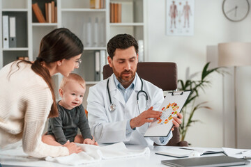 Holding paper with picture of food and vitamins. With baby and mother. Doctor in formal clothes