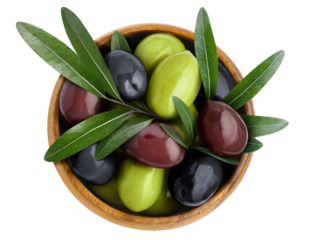 Delicious olives in wooden bowl, cut out