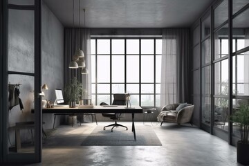 Grey office interior with work and relax zone, panoramic window. Generative AI