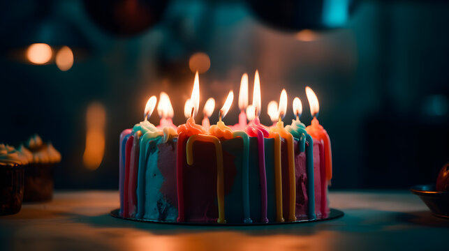 A colorful and festive photo of a birthday cake with glowing candles ready to be blown out
