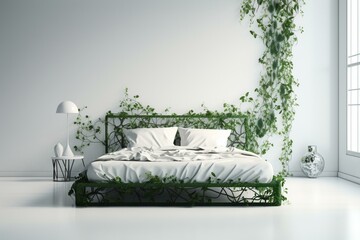 Avant-Garde Design Bed with Natural Theme - Modern Interior with Green Touches on White Background Isolated: Generative AI