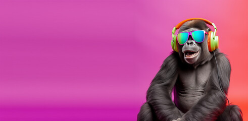 close up portrait of gorilla wearing glasses and headset, pleasant smile expression, listening to music concept happily, on colorful copy space background. generative ai