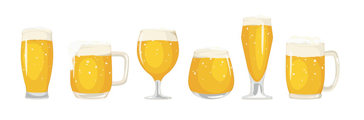 一列に並べたさまざまなグラスビール