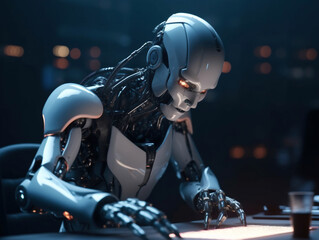 Fototapeta premium AI robot sits at a notebook and writes content