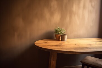 wooden table against the wall with soft lighting for product placement. Generative Ai