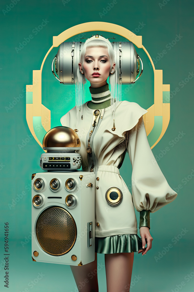 Wall mural fashion futuristic looking woman wearing huge amazing headphones. disco poster. ai generated