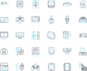 Modern technology linear icons set. Smartph, Tablet, Laptop, Virtual, Digital, Cyber, Interactive line vector and concept signs. AI,Robotics,Automation outline illustrations