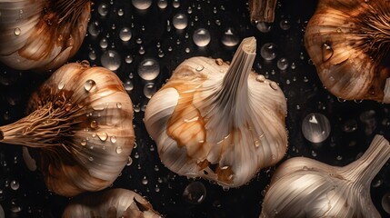 Fresh Garlic seamless background, adorned with glistening droplets of water. Top down view. Food Advertising photography. Commercial photography. Ai generative