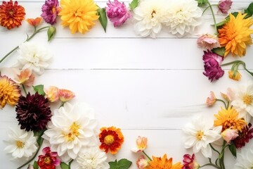 Obraz premium Flowers frame on white wooden background. Top view with blank space. AI-Generated.