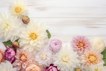 Flowers frame on white wooden background. Top view with blank space. AI-Generated.