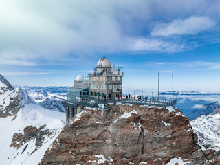 Aerial panorama view of the Sphinx Observatory on Jungfraujoch - Top of Europe, one of the highest...