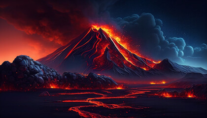 Illustration painting of a night landscape with volcano eruption, Generative AI - obrazy, fototapety, plakaty