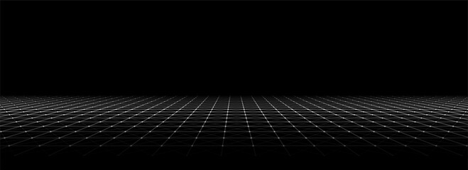 Vector abstract technology perspective grid. Detailed wireframe landscape with lines on black background. Digital space with mesh.