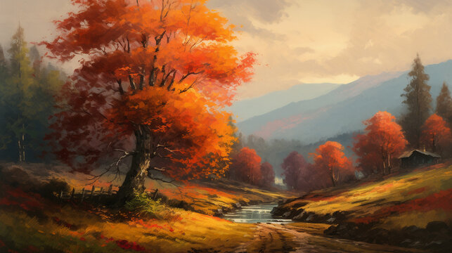 Nature painting autumn orange warm light 