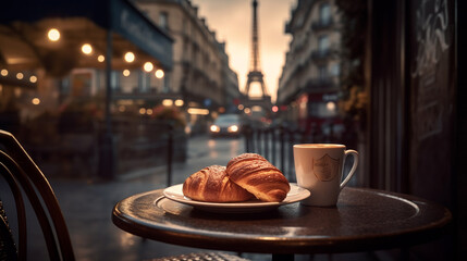 Café et croissant in Paris at the terrasse 