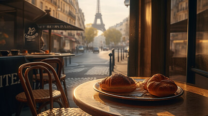 Café et croissant in Paris at the terrasse 