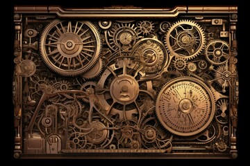 Fototapeta na wymiar Complex machinery steam punk design background with clock gears and mechanical style. Generative AI