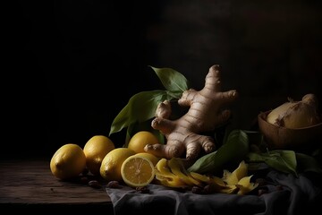 ginger peels with lemon and ginger root on dark background image, Generative Ai