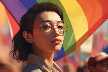Beautiful fictional asian queer, gay, lesbian bisexual, homosexual or transgender person with rainbow flag at gay pride, banner for pride month created with generative ai - obrazy, fototapety, plakaty