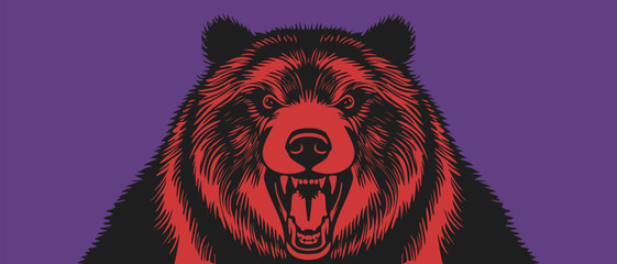 Vector black-red huge scary bear with an open maw on a purple background. Ursine portrait. - obrazy, fototapety, plakaty