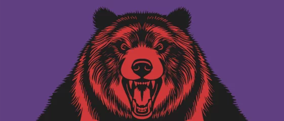Fototapeten Vector black-red huge scary bear with an open maw on a purple background. Ursine portrait. © GAlexS