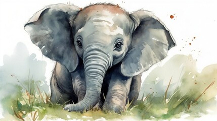 watercolor of baby elephant, generative AI
