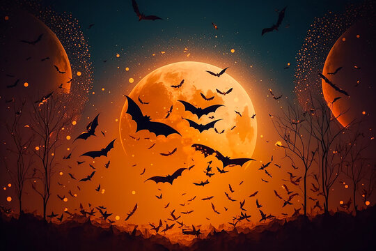 Moody night scene with flying bats on sky and moon background. AI generated image