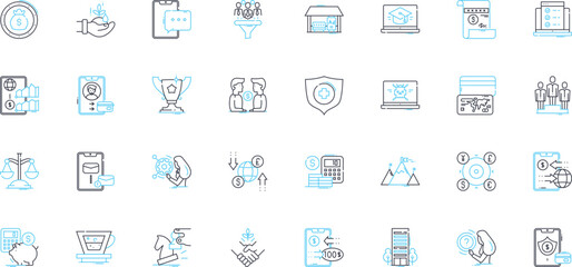 Information trade linear icons set. Exchange, Barter, Market, Sell, Buy, Commerce, Brokering line vector and concept signs. Negotiation,Publishing,Dissemination outline illustrations