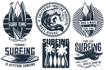 Summer surfing print set with surfer on wave. shaka, tiki mask and surfboard. Vector colored t-shirt hawaii apparel design - obrazy, fototapety, plakaty