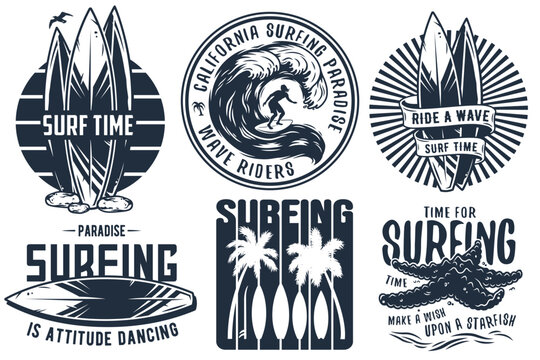 Summer surfing print set with surfer on wave. shaka, tiki mask and surfboard. Vector colored t-shirt hawaii apparel design