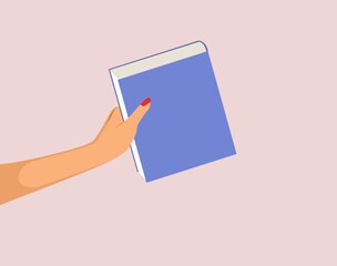 Vector illustration of female human hand holding book. Woman sharing book on pink background
