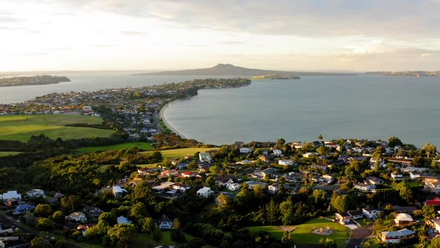 Drone view over a residential area in Howick on a coastline in Auckland, New Zealand
