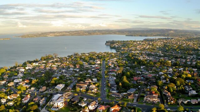 Drone view over a residential area in Howick on a coastline in Auckland, New Zealand