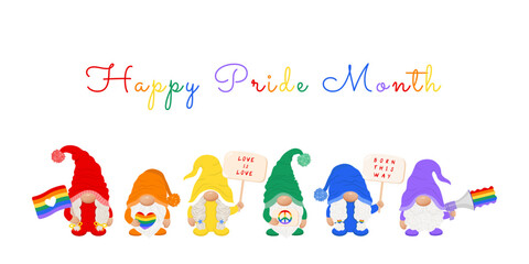 Happy pride month. Rainbow gnomes holding a sign, flag and megaphone.