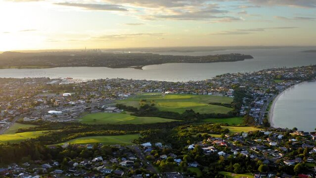 Drone view over a residential area in Howick on a coastline in Auckland, New Zealand