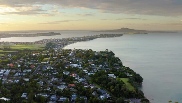 Drone view over a residential area in Howick on a coastline in Auckland, New Zealand