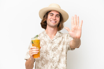 Young handsome man holding a cocktail isolated on white background counting five with fingers