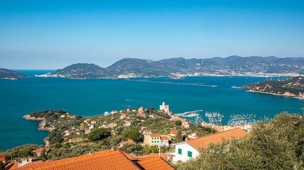 Naklejka na ściany i meble Elevated view of the Gulf of La Spezia, Liguria, Italy, Europe. Lerici town with the ancient castle, and Porto Venere, UNESCO world heritage site.