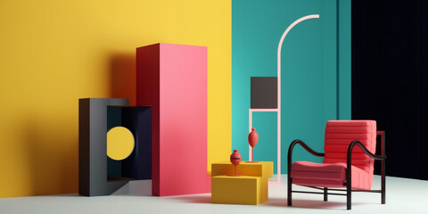 room memphis design art window colourful home interior armchair sofa geometric. Generative AI.