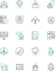 Self-reliant robots linear icons set. Autonomous, Efficient, Agile, Tech-savvy, Adaptive, Self-sufficient, Versatile line vector and concept signs. Self-contained,Innovative,Independent outline