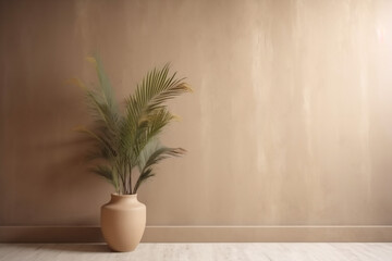 vase concrete decor design shadows sunlight beige interior home table wall. Generative AI.