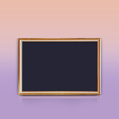 front view black paper on gold rectangle frame on gradient pink and purple wall background, object, decor, fashion, gift, photo, banner, template, copy space