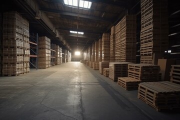 Large industrial warehouse with high racks. In the foreground are a lot of cardboard boxes. Generative AI