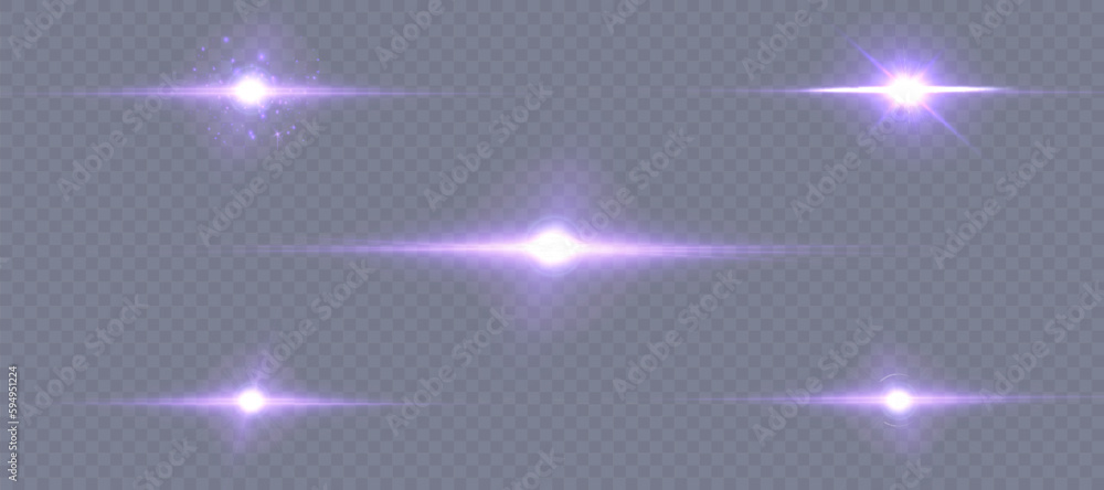 Wall mural set of purple glowing light effects isolated on transparent background. light lines. solar flare wit