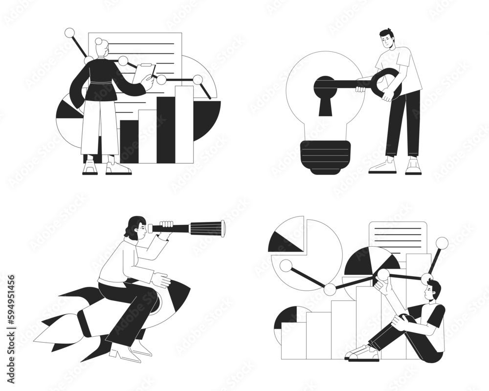 Poster stealth mode startup strategy bw concept vector spot illustrations pack. 2d cartoon flat line monoch