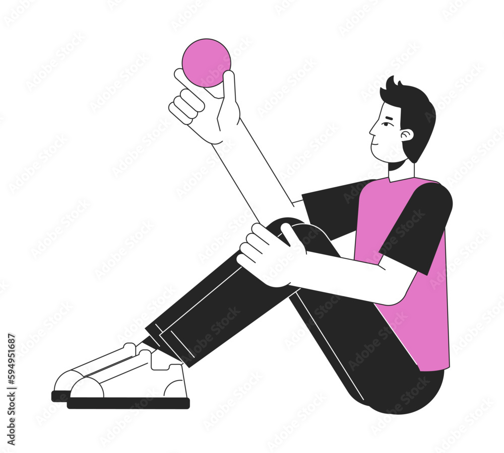 Poster thoughtful man sitting with ball in hand flat line color vector character. editable simple outline f