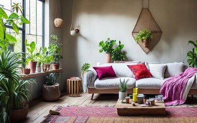 modern living room with plants, generative ai 
