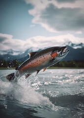 Obraz premium Salmon jumping out of water in Alaskan river. Generative Ai